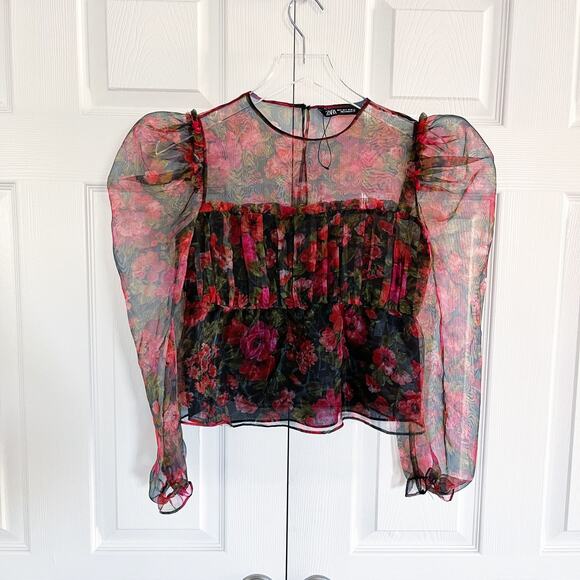 Zara Red Floral Organza Sheer Floral Frill Puff Sleeve Blouse * - Picture 3 of 11